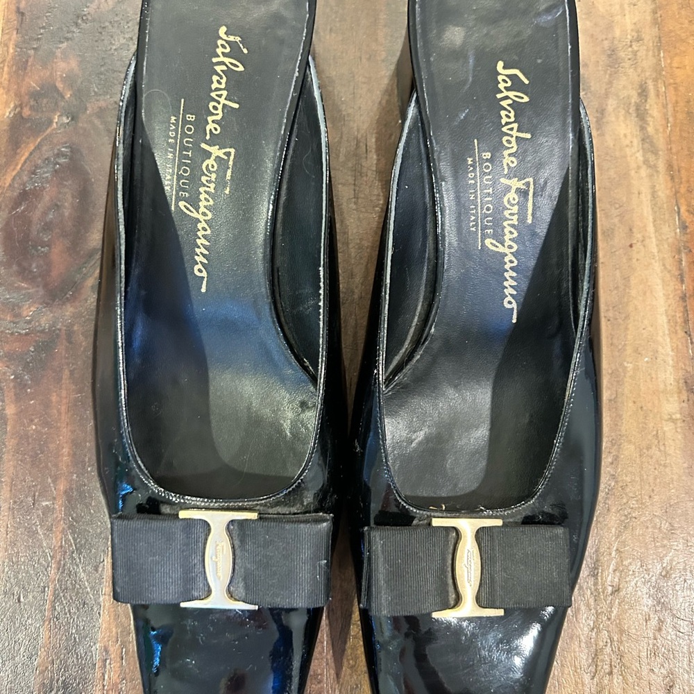 Salvatore Ferragamo Black Patent Leather Mules